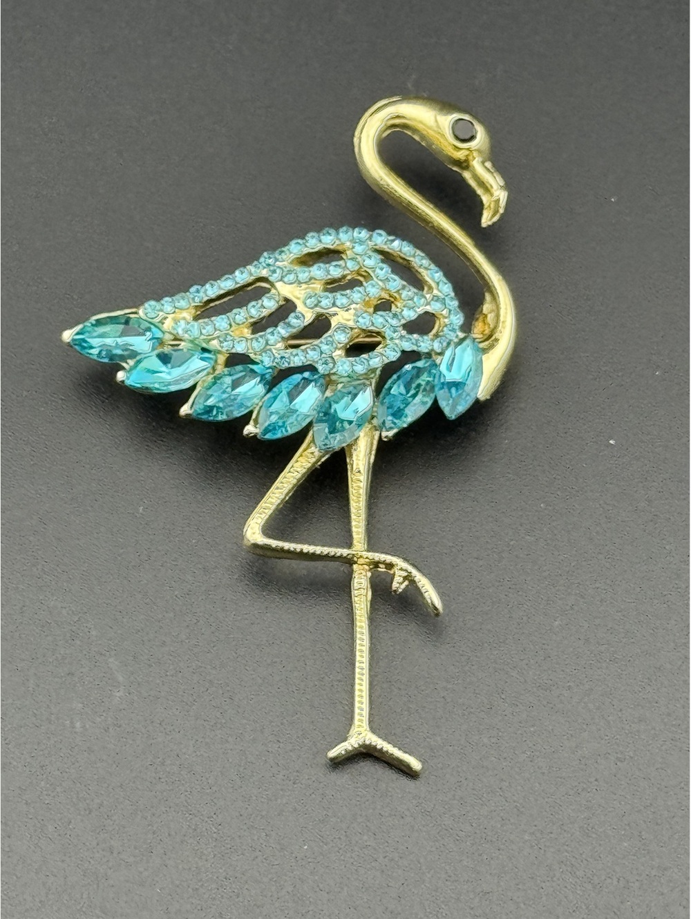 Gold Tone Flamingo Brooch with Blue Rhinestones